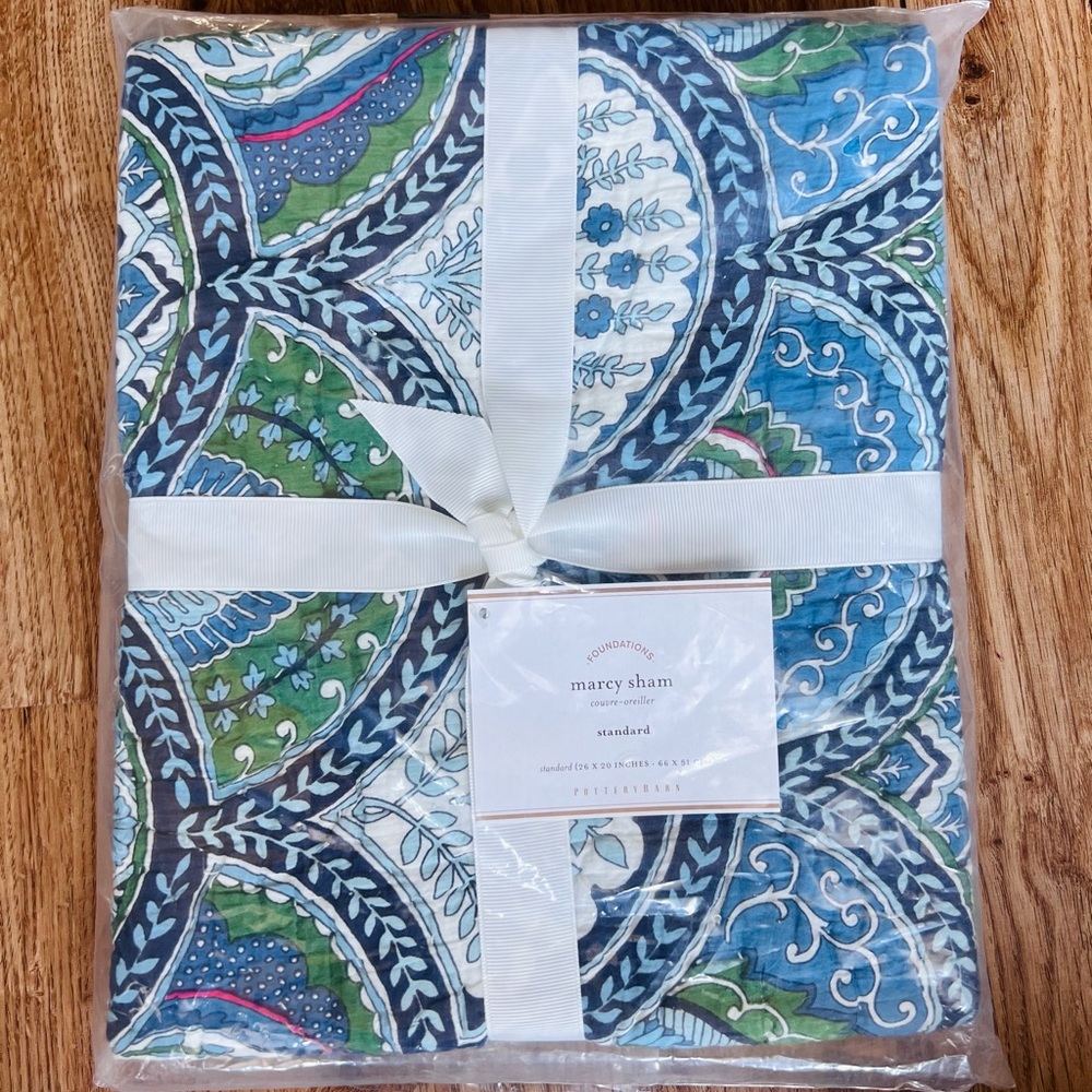 NEW Pottery Barn Marcy Sham STANDARD Quilted Blue- Green with tags.